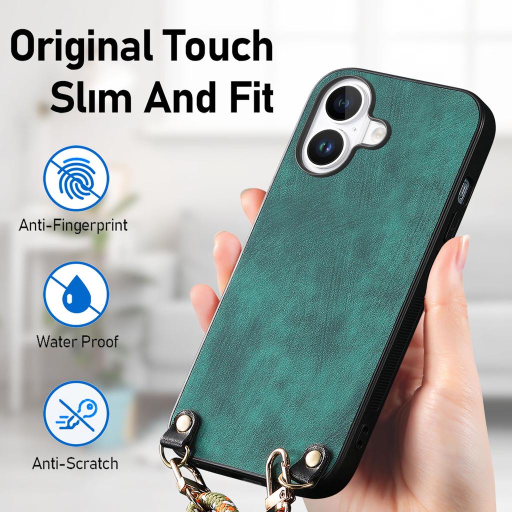 For iPhone 16 Plus Case Retro Texture Leather Coated PC+TPU Phone Cover with Hanging Rope