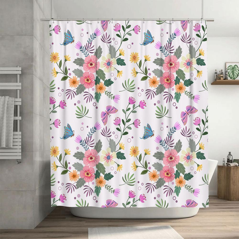 Vibrant Bathroom Shower CurtainPink Yellow Floral Design with Butterflies Waterproof Fabric for Home Decor in Bathrooms