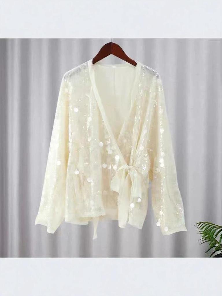 Dámský kardigan se sekviny s výstřihem do V - Módní top s dlouhým rukávem a volným střihem