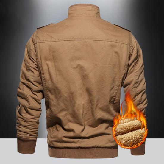 Men Bomber Jacket Plush Lining Multi Pockets Solid Color Zipper Closure Coldproof Autumn Winter Cargo Coat Windbreaker Streetwear