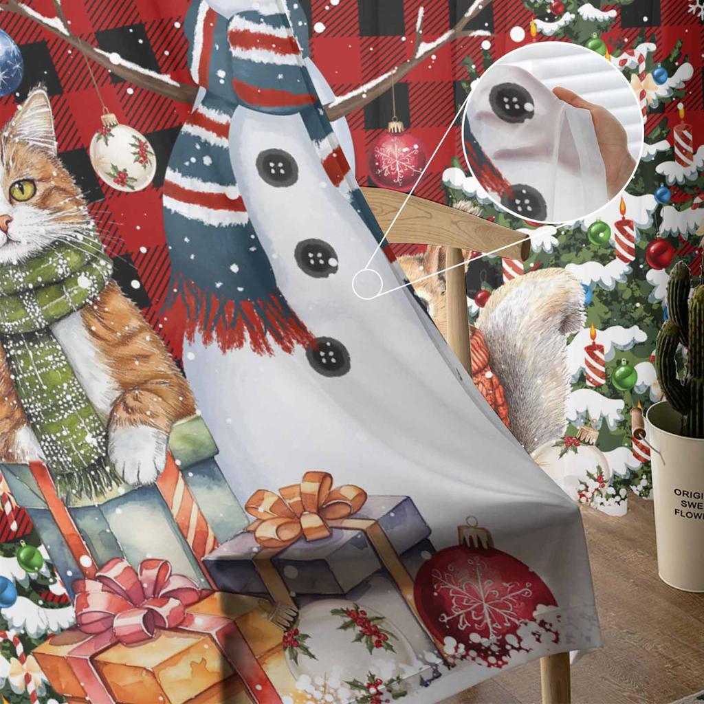 Christmas Tree Snowman Cat Squirrel Snowflake Ball Plaid Sheer Curtains Room Decor Window Curtain Kitchen Tulle Voile Curtains