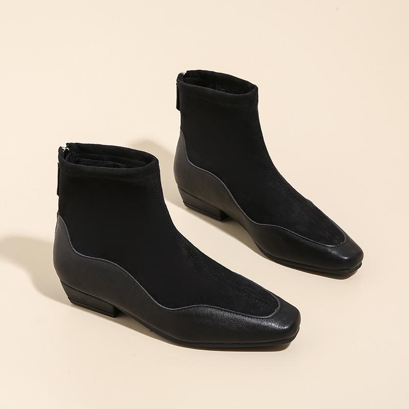 

Temperament Skinny Boots High Heel Short Boots Women s New Suede Thick Heel Square Head Splicing Skinny Legs Boots 34