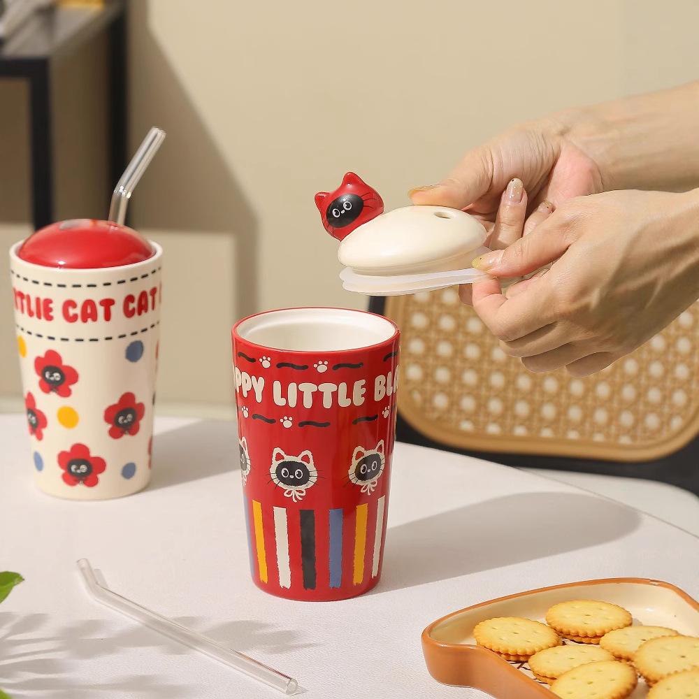 Personalized Large Capacity Cat Cartoon Cute Straw Cup Small Gift Box Set for Household Ceramic Cup High Value Mug