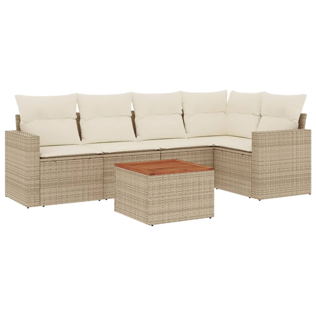 6 piece Garden Sofa Set with Cushions Beige Poly Rattan