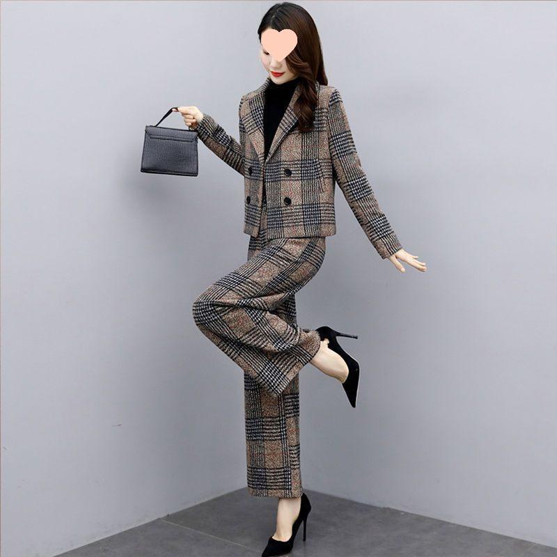 Women's Plus Size Wool Suit: Autumn/Winter 2025, Two-Piece Set with High-Waist Wide-Leg Pants