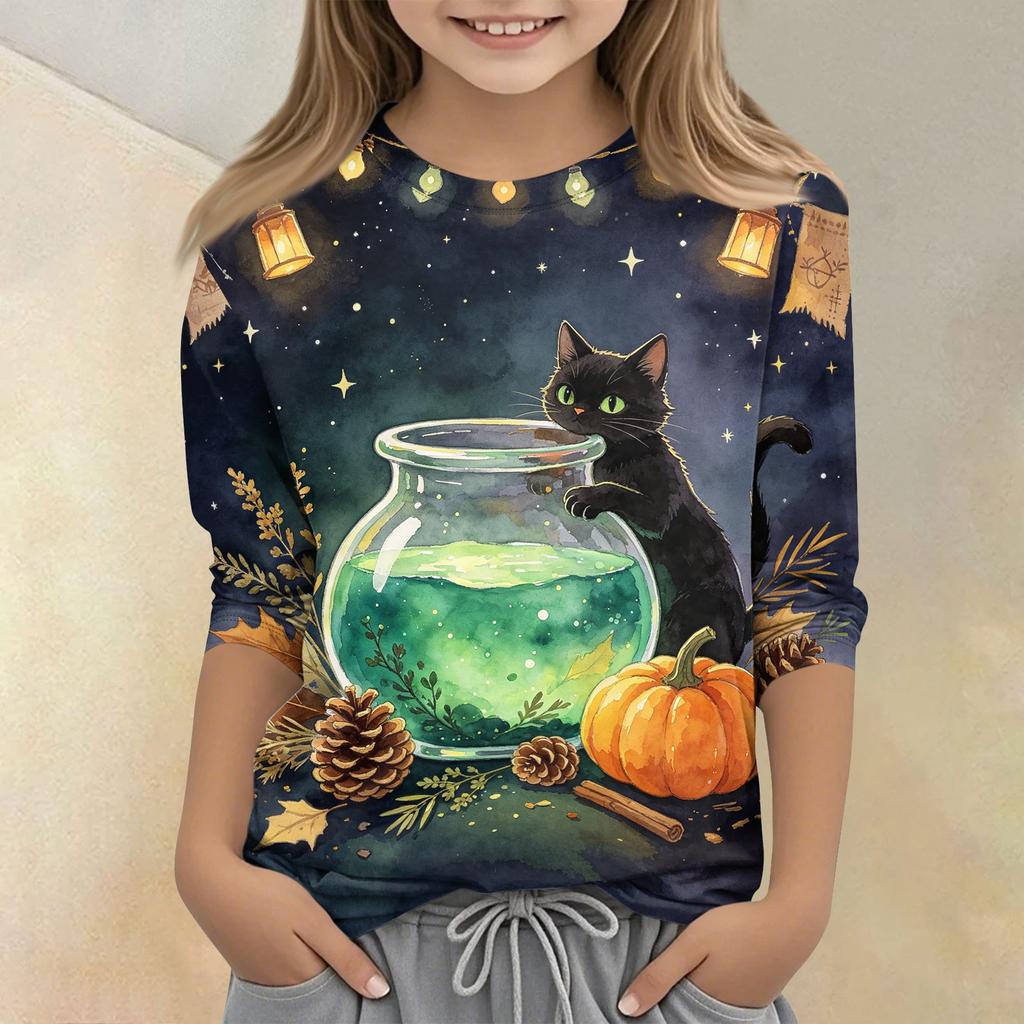 Kids Halloween Print Crew Neck Three Quarter Sleeve Casual T Shirt Top Boys Girls Comfortable Fit Lightweight Fabric
