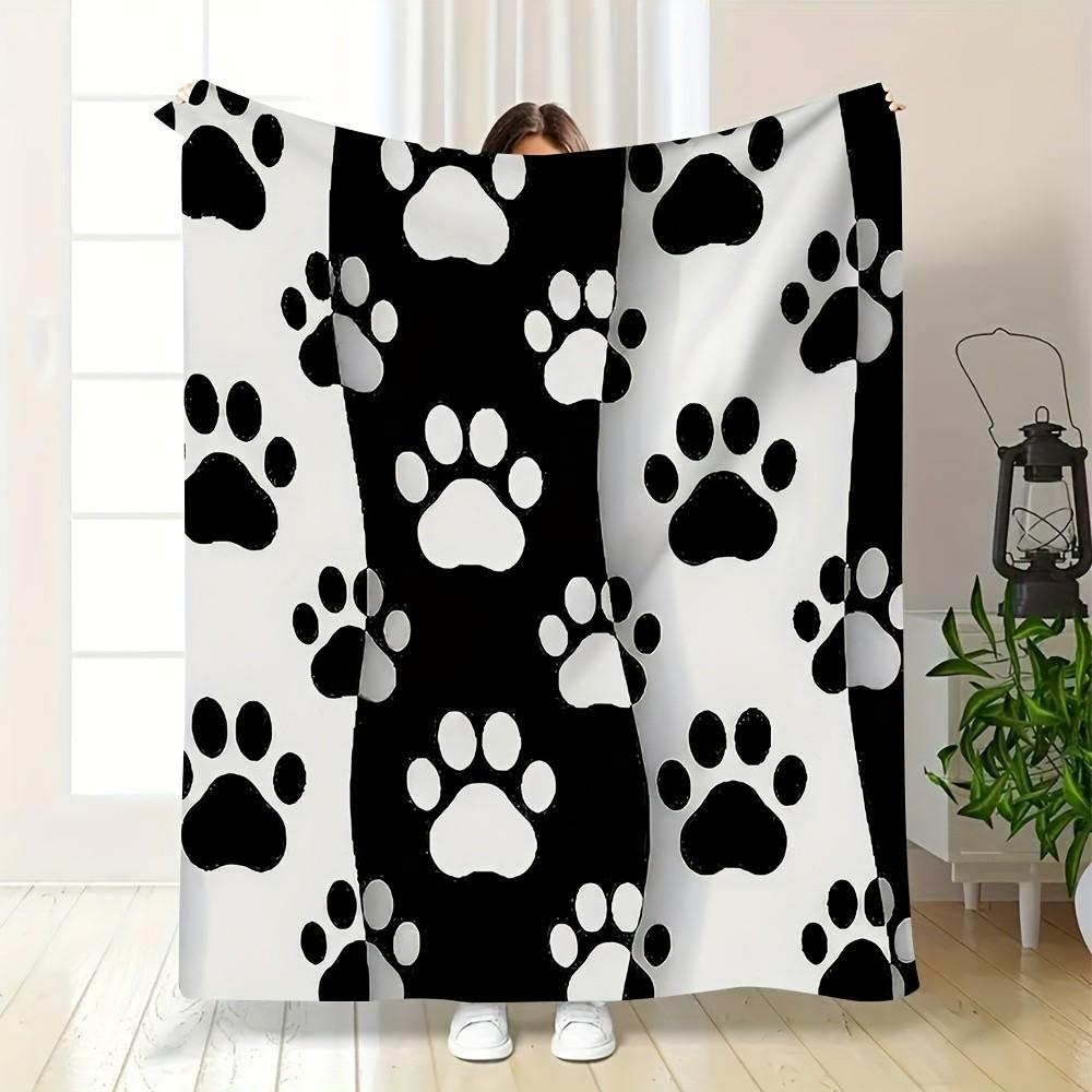 1pc Ultra-Soft Flannel Blanket - Black & White Dog Paw Print, All-Season