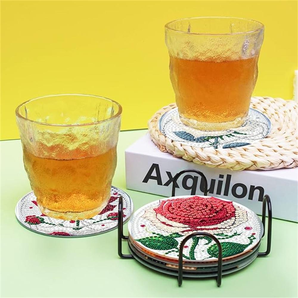 8 Pieces/set of Diamond Flower Patterned Coasters, DIY Coasters with Holder, Suitable for Beginners and Adults, Art and Craft Supplies Gifts