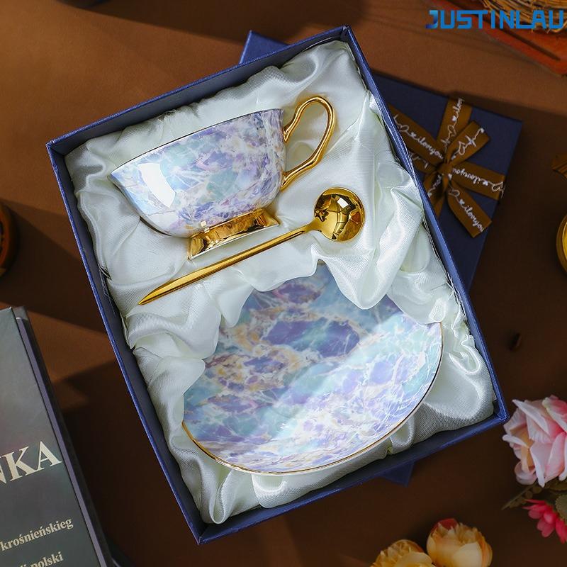 

High End Dreamy Blue Bone Porcelain Coffee Cup Plate European English Afternoon Tea Set Ceramic Cup Set for Home Use