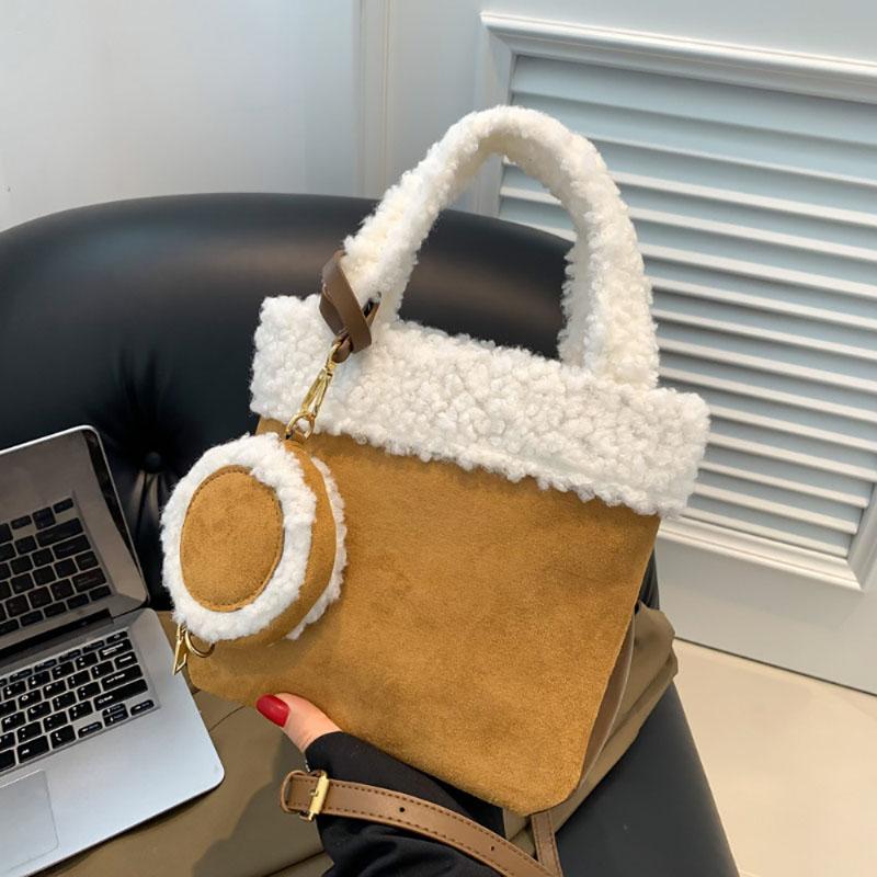 Autumn Winter New Lamb Wool Contrast Color Splice Bag Frosted Texture Korean Popular Handbag Simple Shoulder Crossbody Bag