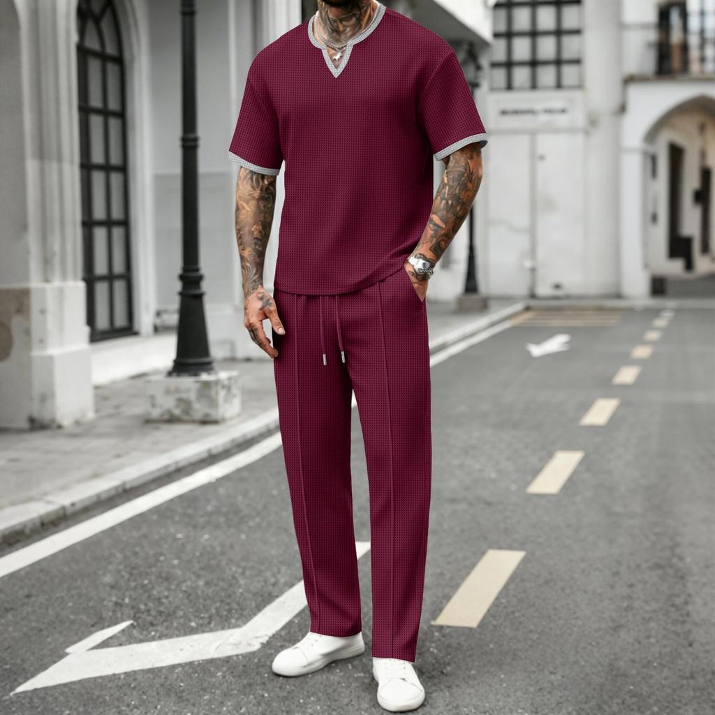 V-neck Waffle Short-Sleeve T-shirt & Long Pants Men's Streetwear Sports Set