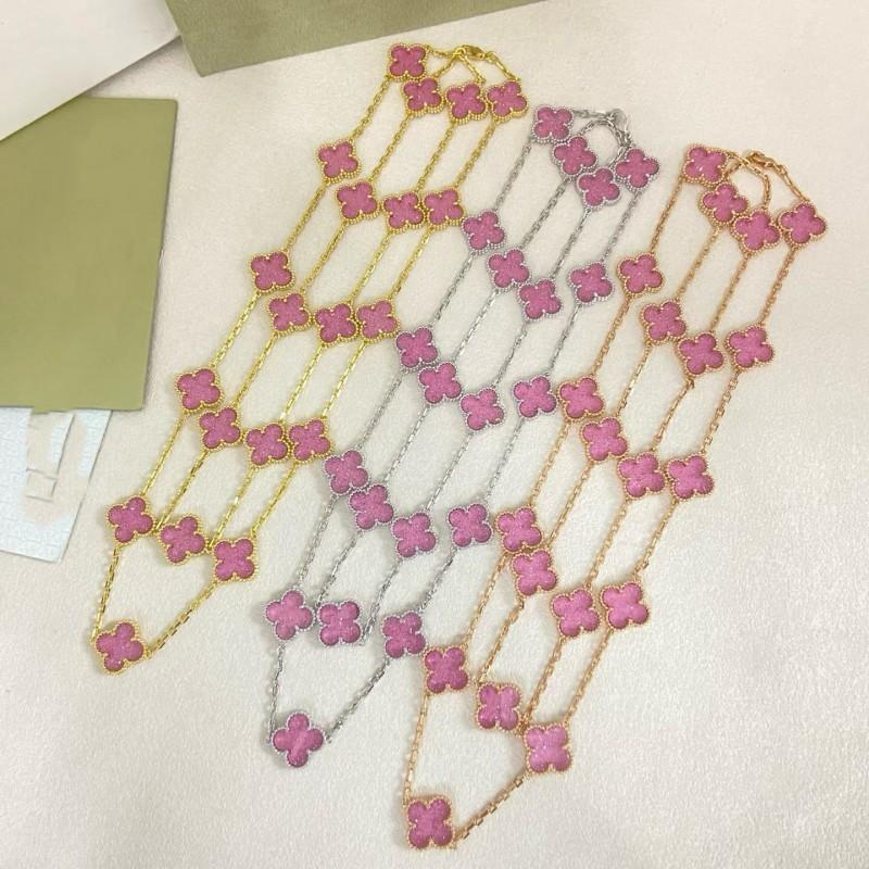 Elegant Pink Clover Flower Jewelry Set Women - Necklace Bracelet Earrings In Gold Plated Copper Lightweight Fashion Accessory