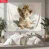 Cute Baby Lion with Crown Tapestry Little King Lion Cub Wall Hanging Aesthetic Nursery Room Decor suitable use in offices bars