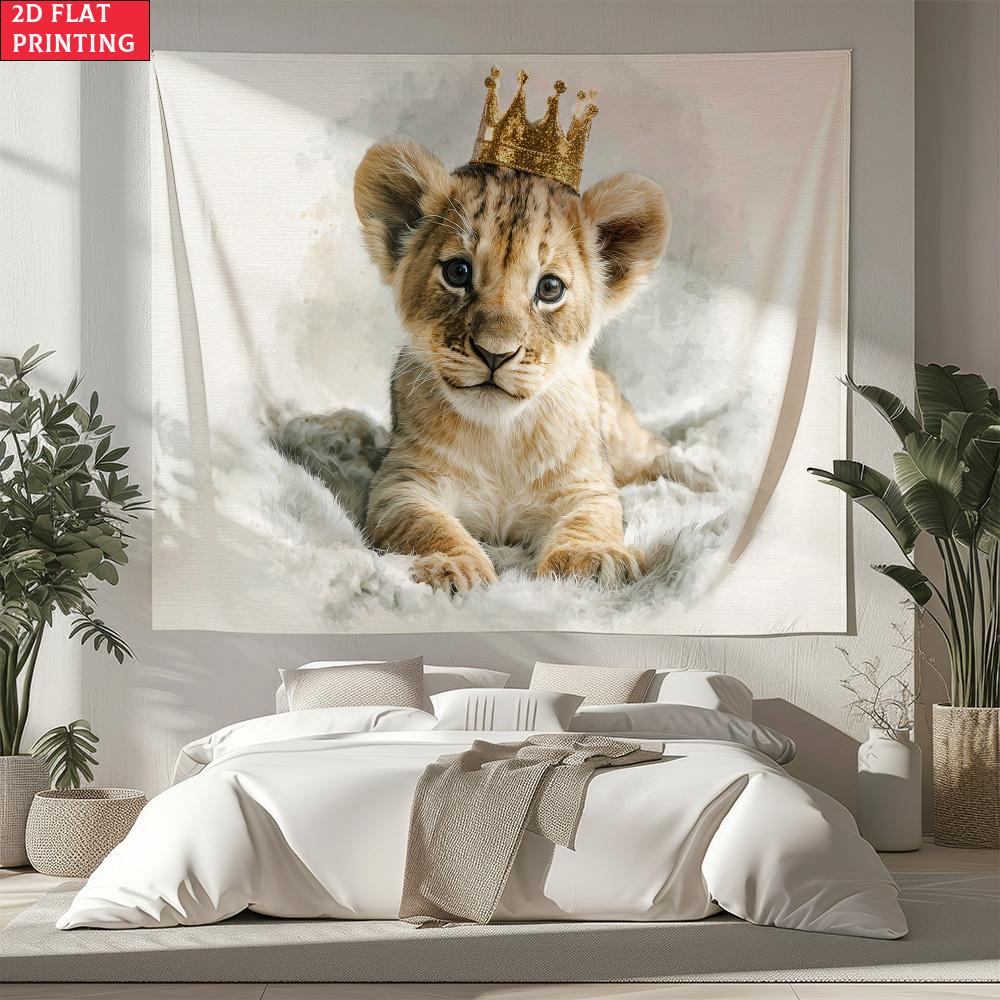 Cute Baby Lion with Crown Tapestry Little King Lion Cub Wall Hanging Aesthetic Nursery Room Decor suitable use in offices bars