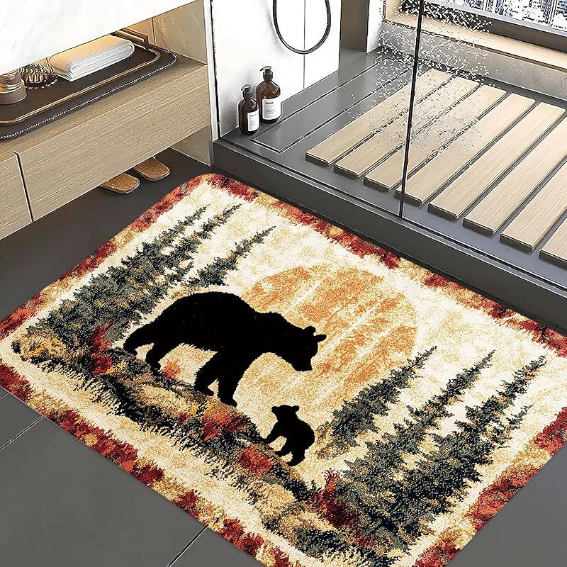 Bear Rug Mat Farmhouse Bathroom Rugs Animal Brown Bear Forest Trees Rustic Cabin Carpet Camping Bath Rug Sets for Bathroom Bedroom Kitchen Outdoor