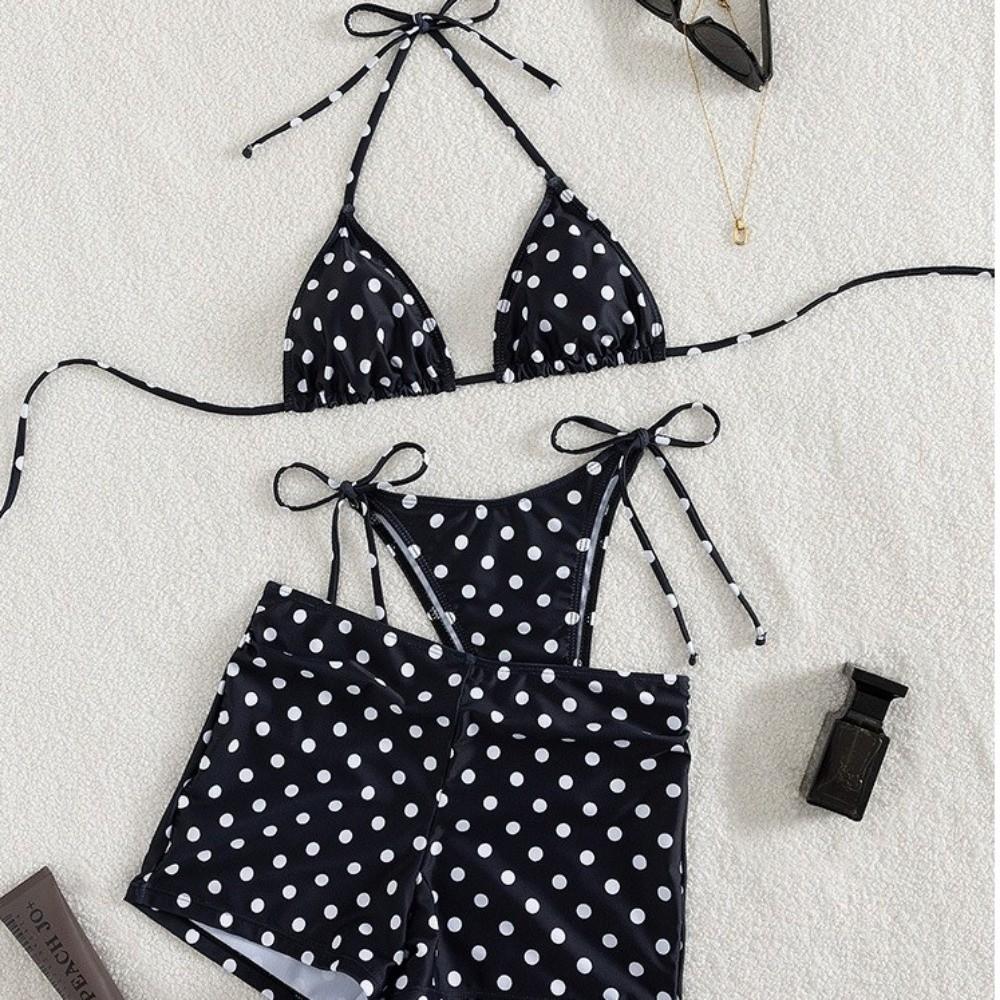 3pcs Halter 3-Piece Swimwear Dot Print Bikinis Set Beachwear Clothing Bathing Suits Summer Season