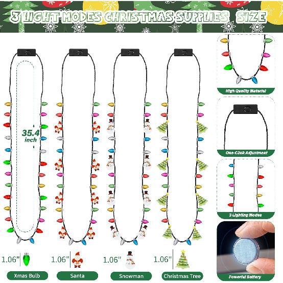 Christmas Necklace, 4Pcs Light Up Christmas Necklace, Glowing Bulb Xmas Tree Santa Candy Cane Necklaces, 3 Modes Colorful Xmas Party Favors, Ugly 4