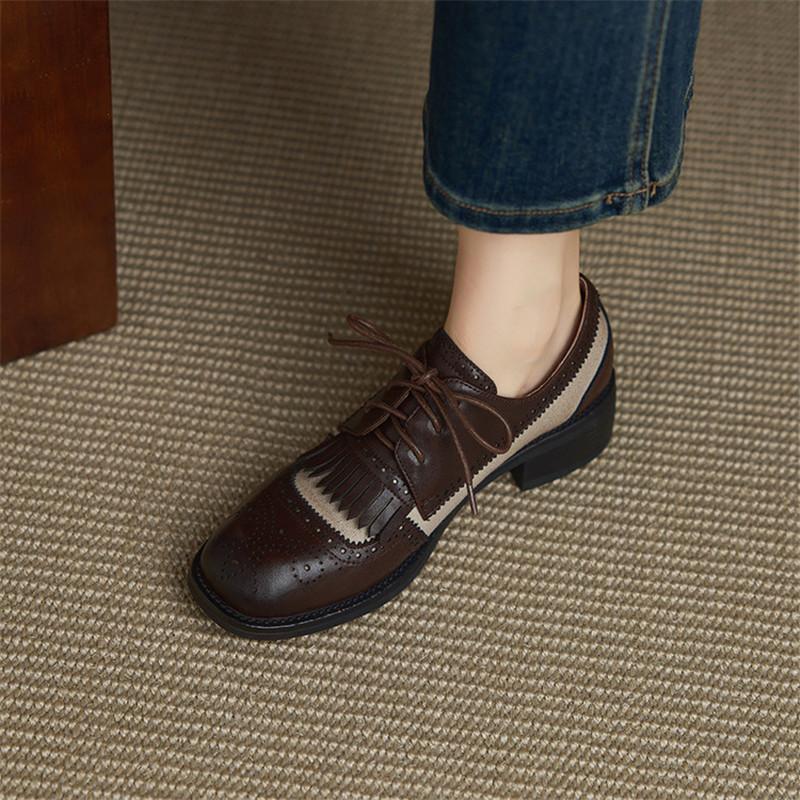 Fashion New Spring/autumn Cow Leather Women Shoes Round Toe Loafers Shoes for Women Fashion Mixed Color Women Pumps Lace-up Chunky Heels