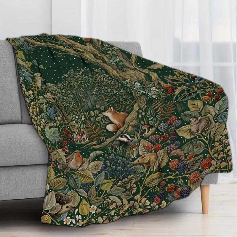 Enchanted Forest Creatures Flannel Blanket  Soft Cozy Warm Cottagecore Healing Home Decor