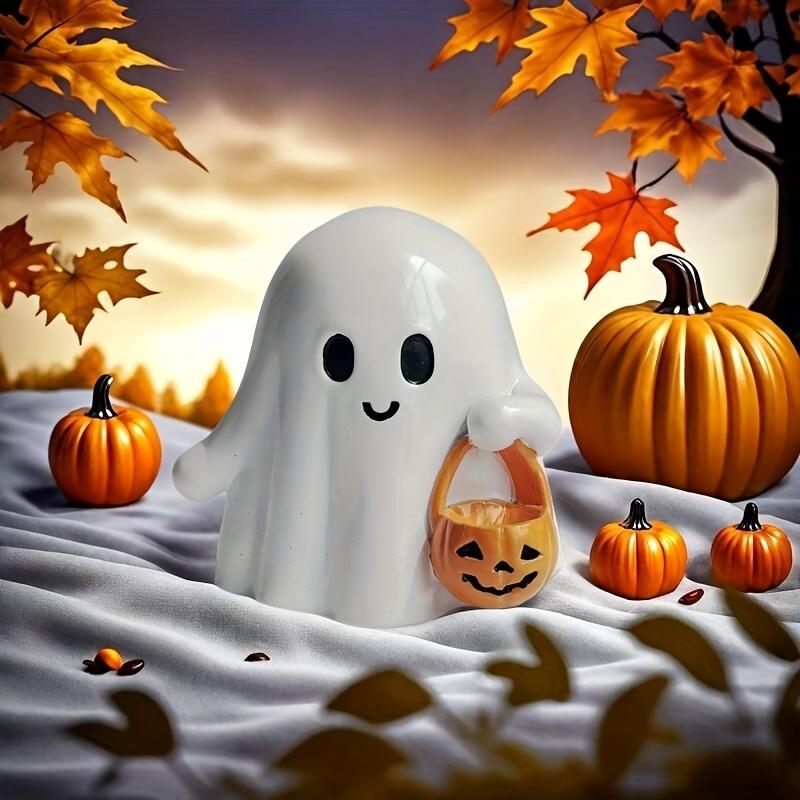 Cute Ghost Figurine with Pumpkin Bag Resin Ghost Halloween Statue Desktop Ornament For Halloween Decoration