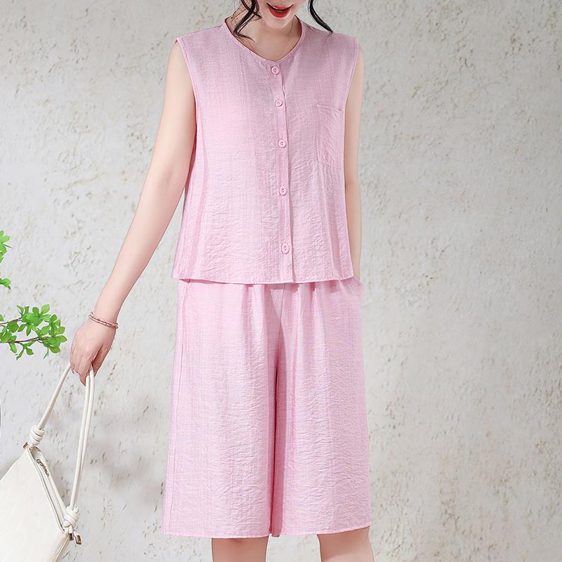 Ensemble 2 pièces pour femme grande taille en mélange de lin, Haut sans manches à boutons et Short large (XL-7XL)