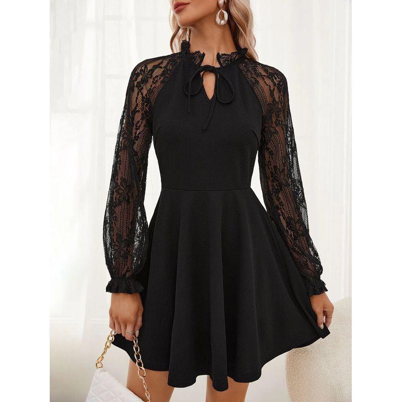 Lace Lace-Up Long-Sleeved Dress