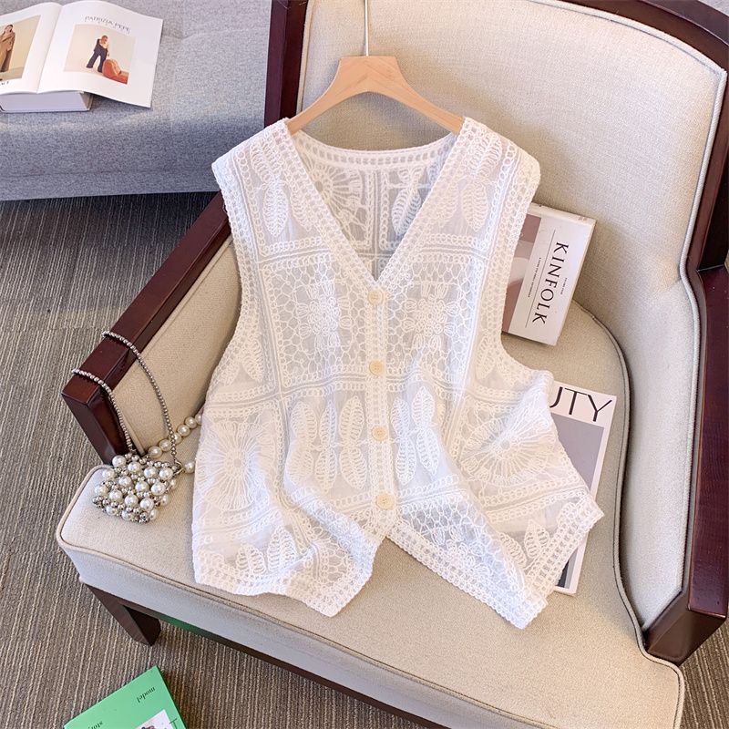 Plus Size Women's Clothing Fat Sister Summer White V-neck Single-Breasted European French Hollow Sleeveless Cardigan Vest L-4XL