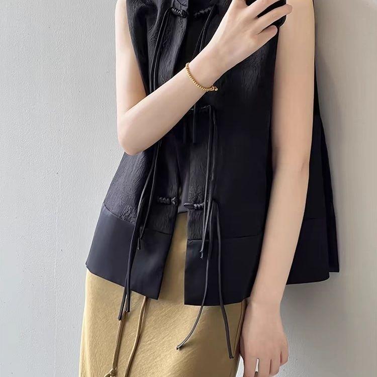 Chinese Plate Button Vest Jacket Spring Jacquard Stand Collar Sleeveless Waistcoat Retro Women Cheongsam Tops