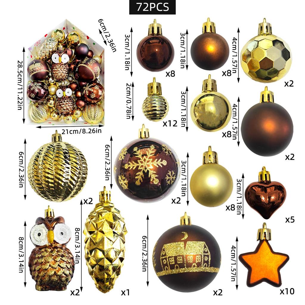 72-Piece Christmas Tree Decorations Set: Houses, Gift Boxes, Snowmen, Sleigh, and Painted Plastic Ornaments
