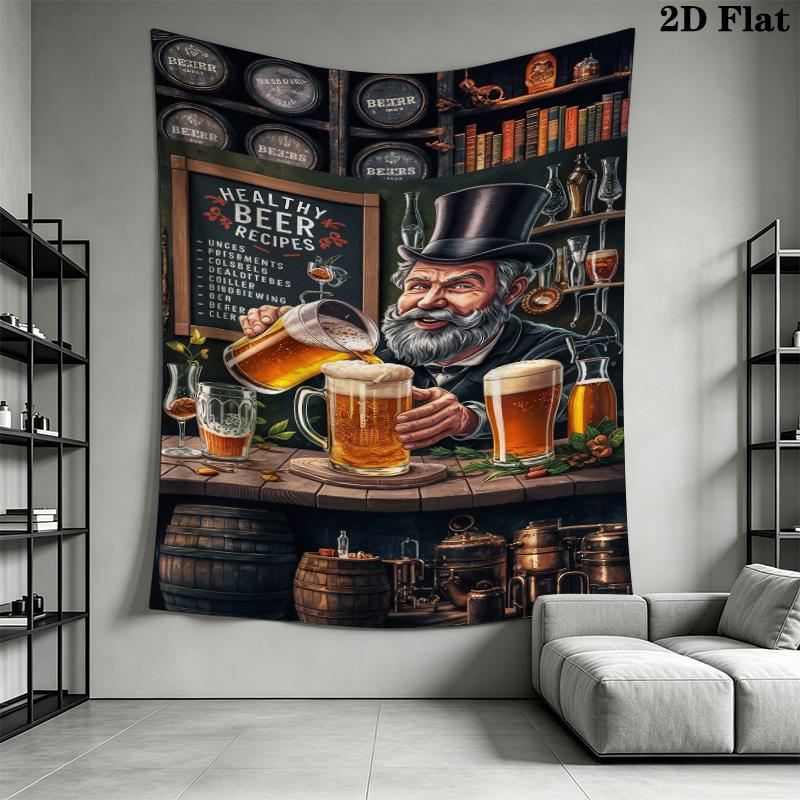 Vintage Bartender Beer Tapestry, Retro Pub Beer Mug Recipe Art Wall Hanging for Basement Bar Room