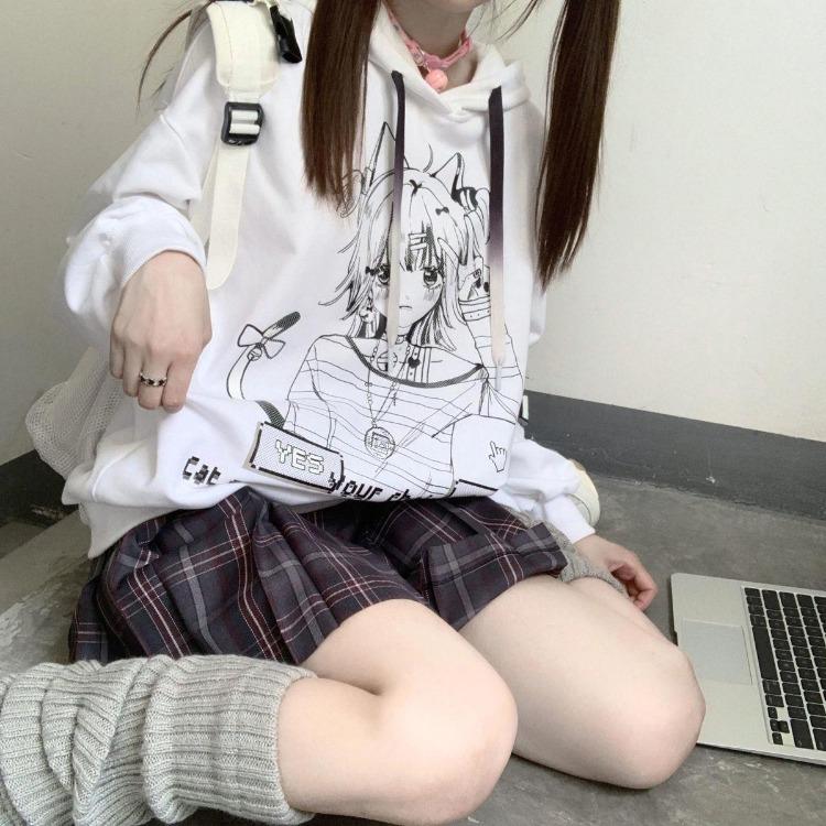 Sudadera con capucha Gótica de Anime Oversize para Mujer Harajuku Streetwear Pulóver Manga Larga Negro Blanco Moda Femenina Sudadera
