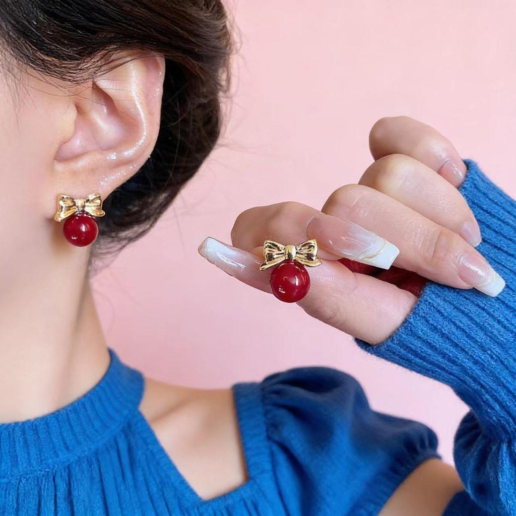 Elegant Retro Hong Kong Red Pearl Stud Earrings for Women - Light Luxury and Fashionable Ear Jewelry