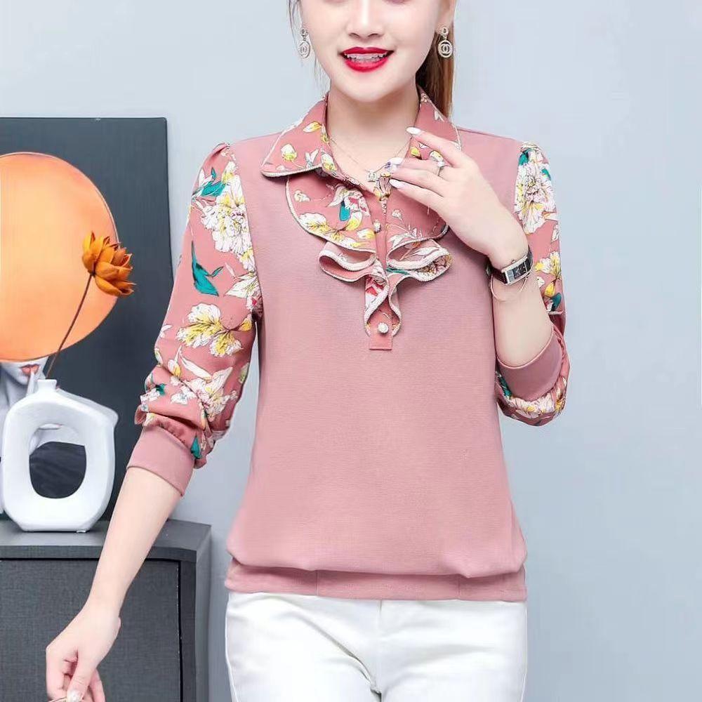 

Высококачественная блузка с воротником «лепесток лотоса», новая, с принтом, модная, приталенная, длинная, свободная, омолаживающая женская блузка 5XL розовый