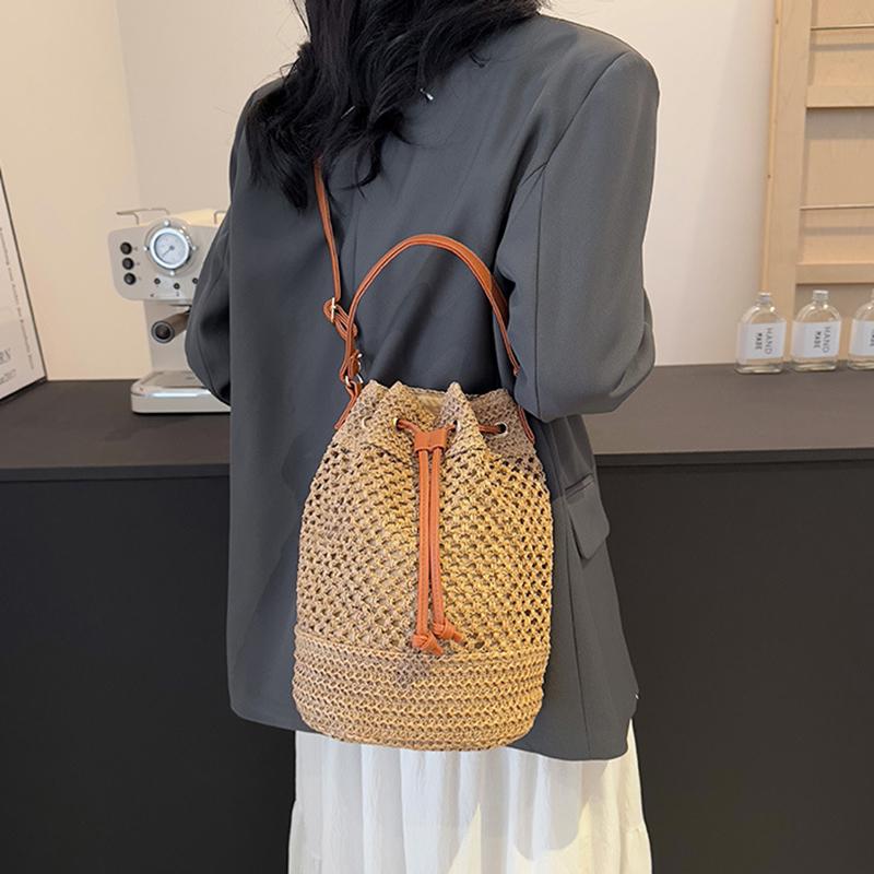 Yazlık Hasır Omuz Çantaları İpli Kadın El Dokuması Kova Çanta Rafya Örgü El Çantaları Günlük Tote Bayan Plaj Çapraz Askılı Çanta