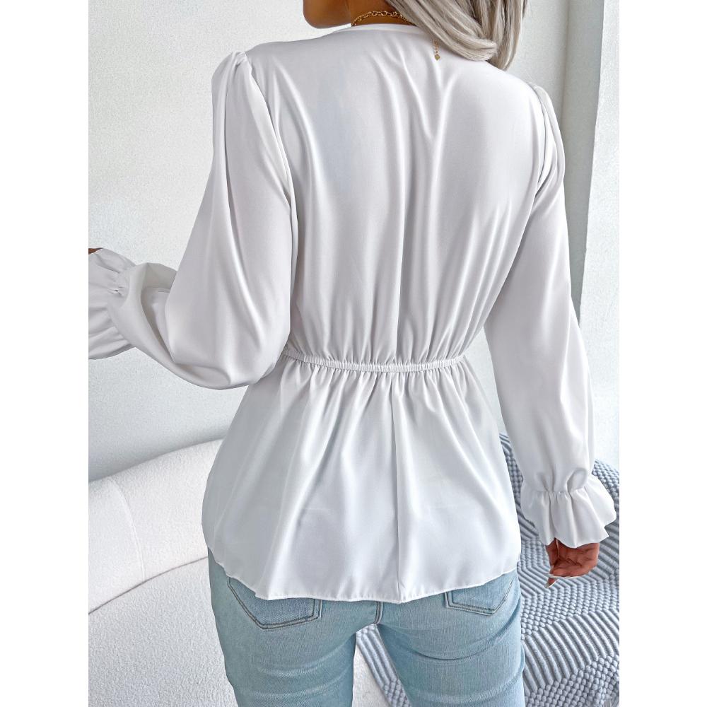 Frühling und Herbst Damen Chiffon-Hemd, langärmelig, lässig, V-Ausschnitt, Spitze, Schnürung, Taille, Rüschen, Chiffon-Hemd, Tops