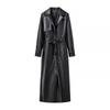 Women Long Faux Leather Trench Coat Lapel Collar Belted Waist Long Sleeve Loose PU Leather Windbreaker Outerwear For Autumn Winter