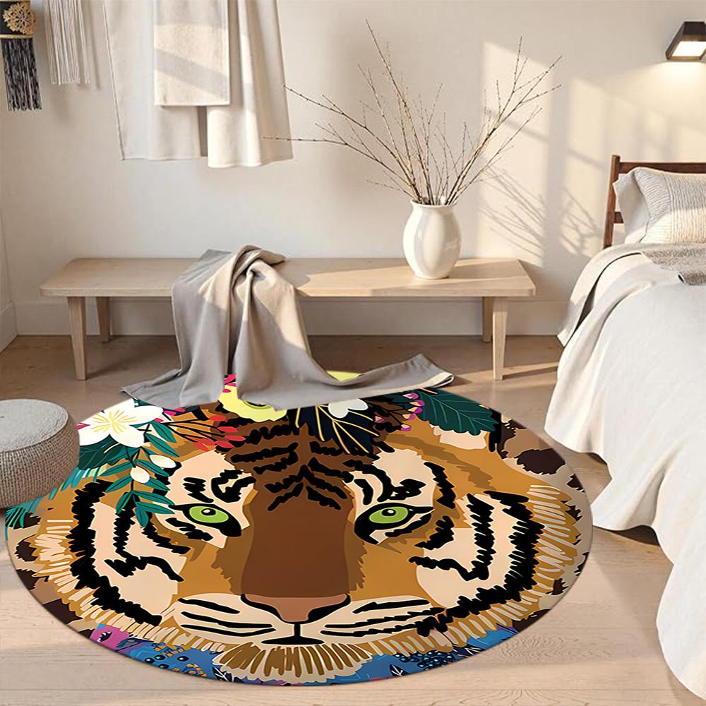 Tiger Round Office Rug Design for Dining Room Playrooms Kitchen Entryway Anti-slip Round Rug Decorate Offices Birthday Christmas Gift