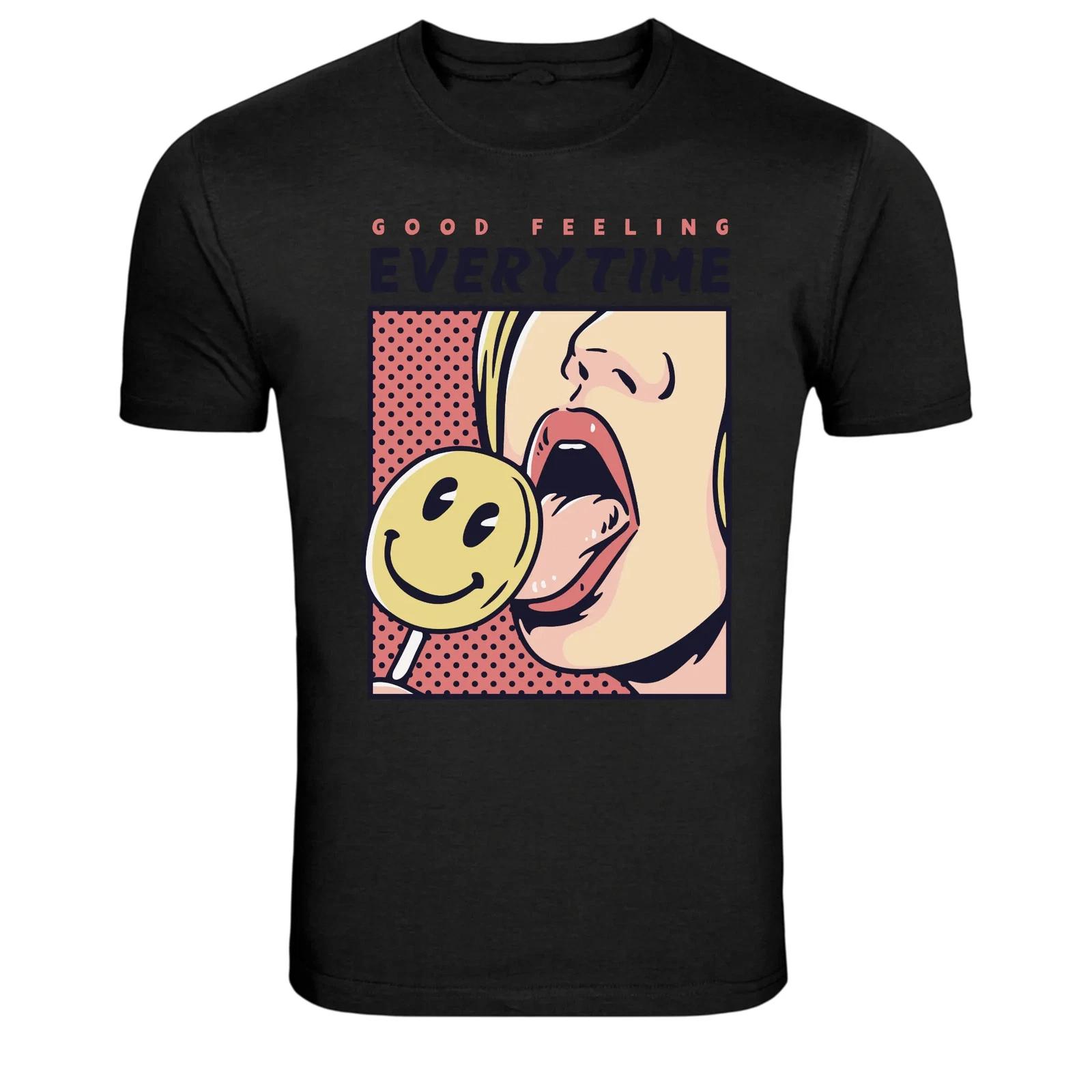 Good Feeling Everytime Smiley Lollipop Pop Art Graphic T-Shirt S