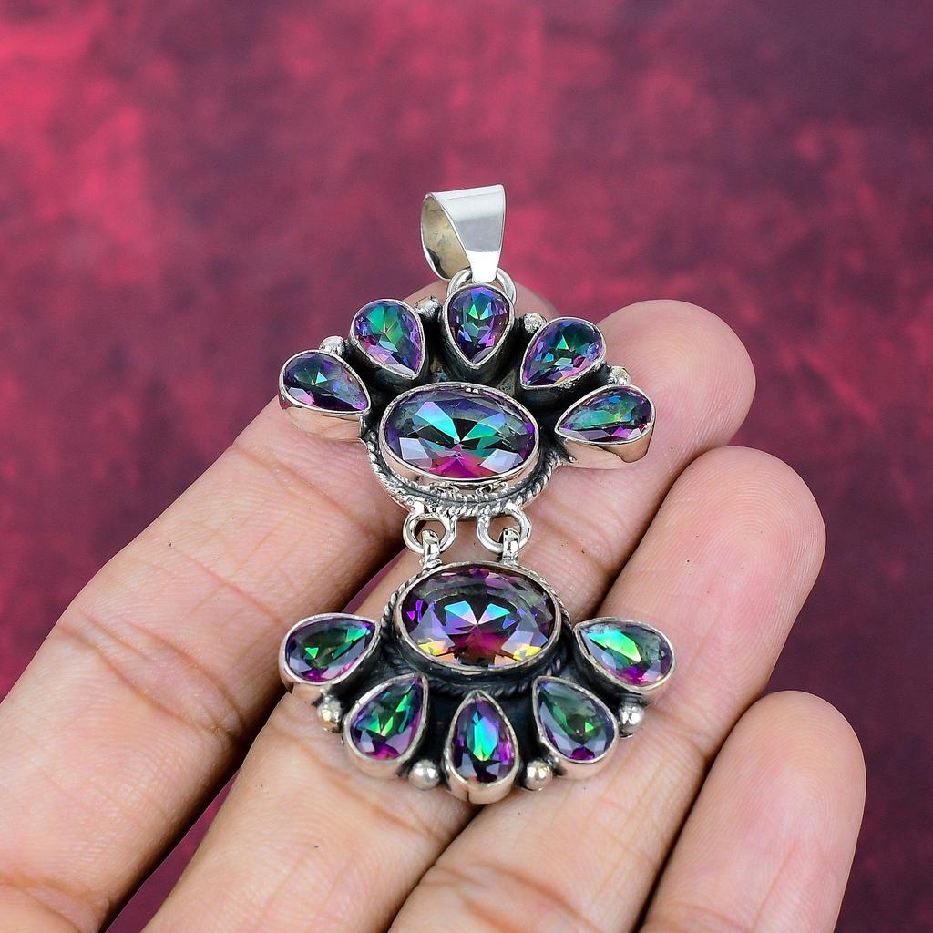 Mystic Topaz 925 Solid Sterling Silver Pendant Jewelry, Handmade Gemstone Jewelry, For Memorial Day