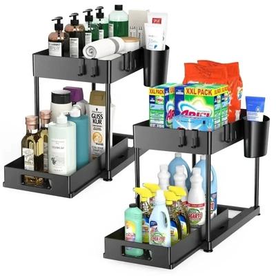2-stufiger Organizer unter der Spüle, Schiebeschrank, Korb-Organizer, Aufbewahrungsregal mit Haken, Hängebecher, Badezimmer, Küchen-Organizer