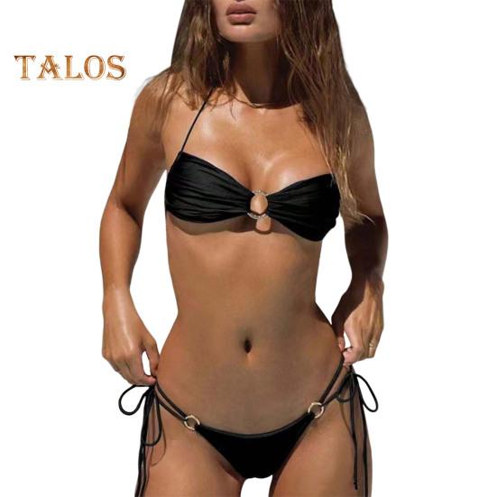 

Женский купальник из двух частей, бикини с треугольными чашечками и завязками на шее, с металлическими кольцами, плиссированный купальник с вырезом, пляжная одежда для вечеринки в отпуске XL чёрный