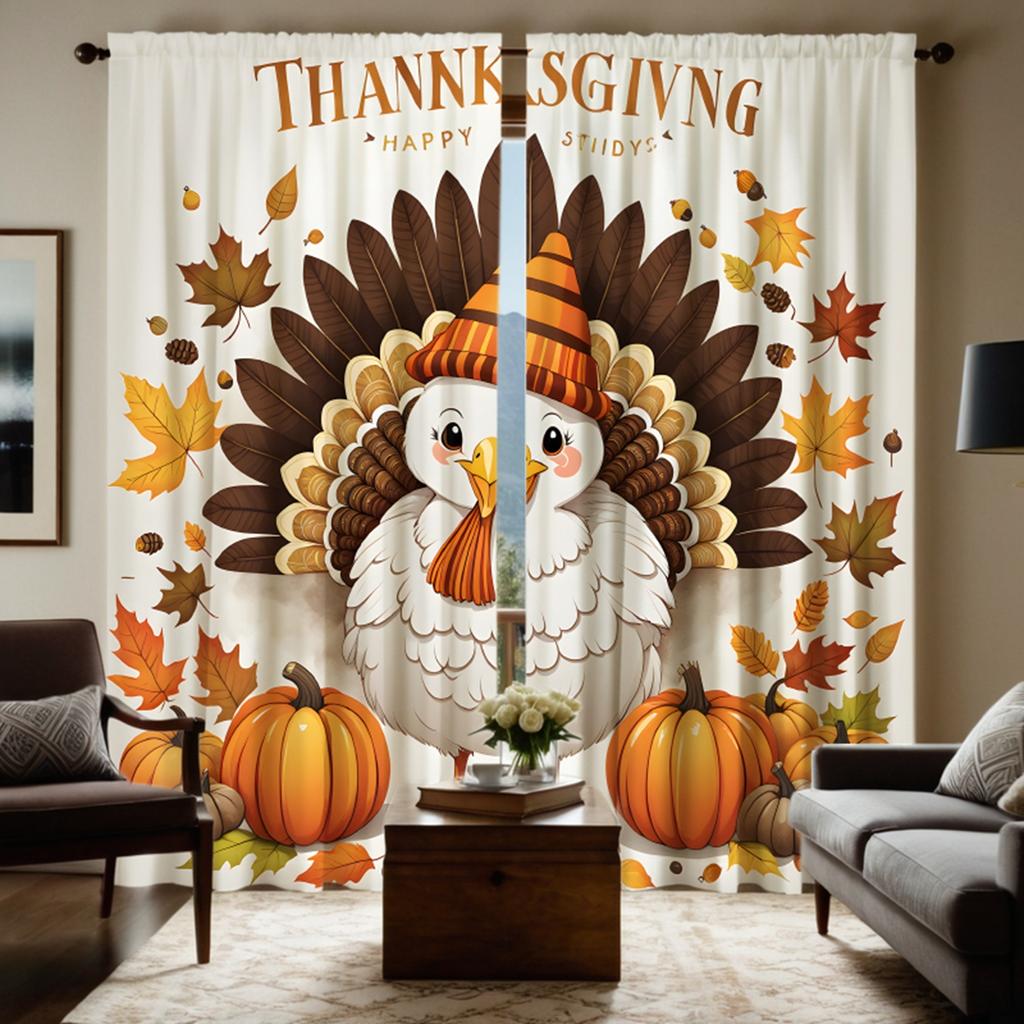 2pcs HD Thanksgiving pumpkin Turkey curtain Green white tie digital printed curtain Home Decor style Decorate living room bed