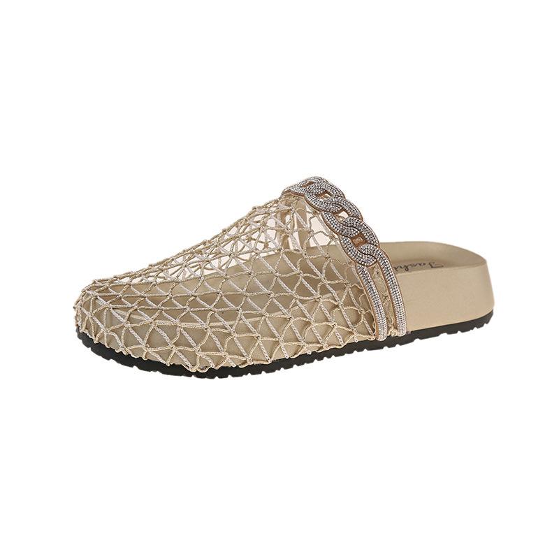 Retro woven fishing net cool slippers women's outer wear 2025 summer new rhinestone thick bottom word with bag head half slippers