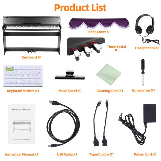 Piano Digitale Compatibile Bluetooth 88 Tasti con Triplo Pedale e MIDI USB, Tasti Sensibili al Tocco, 88 Tasti Pesati Jack Cuffie, Schermo LED,