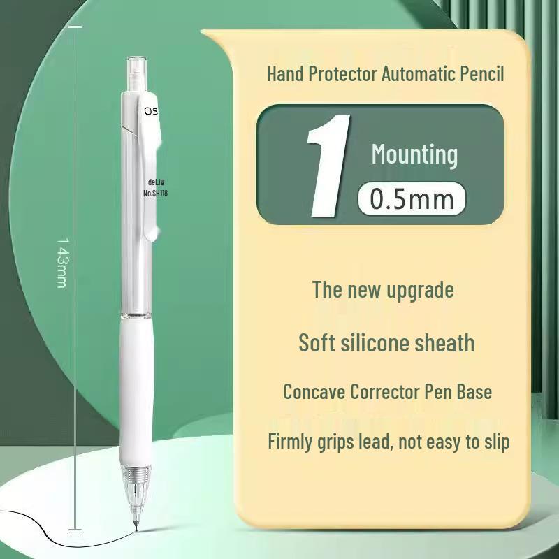 Deli SH118 Student Mechanical Pencil, HB Lead, Hand Protector, Durable, No-Sharpening, 0.5/0.7 mm.