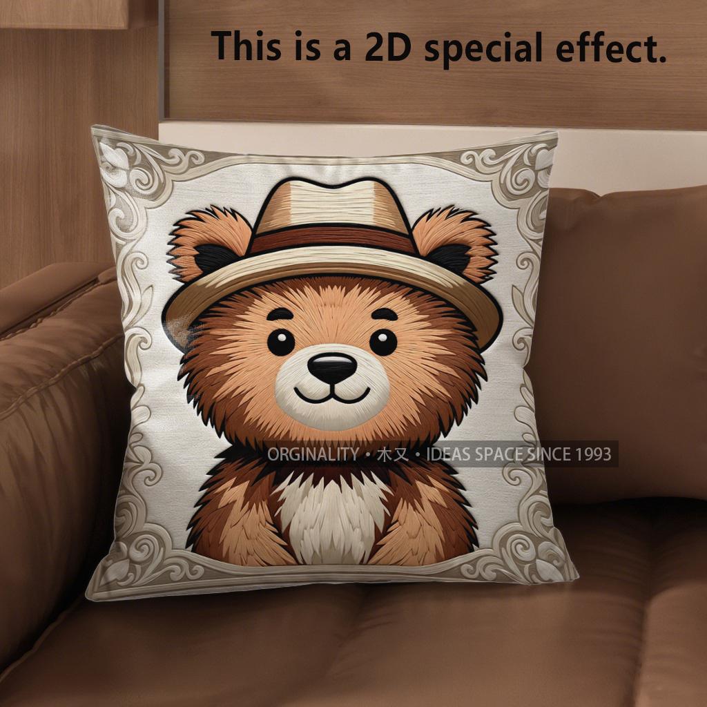 2D Cute Bear-Patterned Throw Pillow Covers Pattern Cushion Cover Suitable For Sofa Bedroom Car Pillow Cover