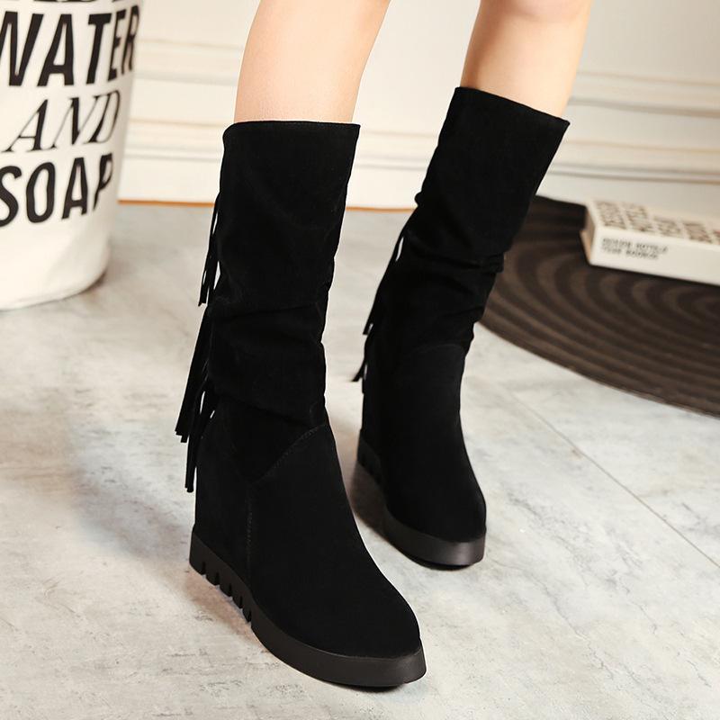 New Inner Water Platform Wedge Heel High Heel Casual Boots Medium Tube Fringed Boots Cotton Boots Large Size Boots