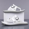 Men Black Leather Slippers Simple Flats Summer White Flip Flops Outdoor Sandals Blue Open Toe Beach Shoes Plus Size