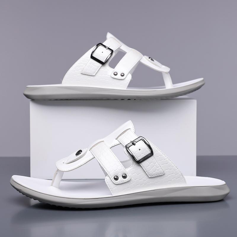 Men Black Leather Slippers Simple Flats Summer White Flip Flops Outdoor Sandals Blue Open Toe Beach Shoes Plus Size