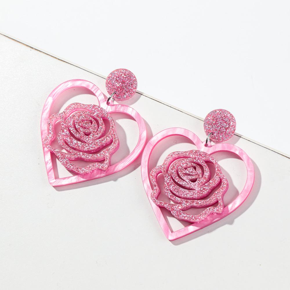 Pink Red Hollow Love Acrylic Drop Earrings for Women New Glitter Rose Flower Cupid Heart Earring Jewelry Valentine's Day Gift